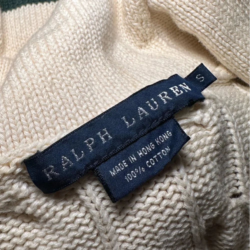 Ralph Lauren Cream and Green Cotton Cable Knit Shawl Collar Cardigan - Picture 3 of 4